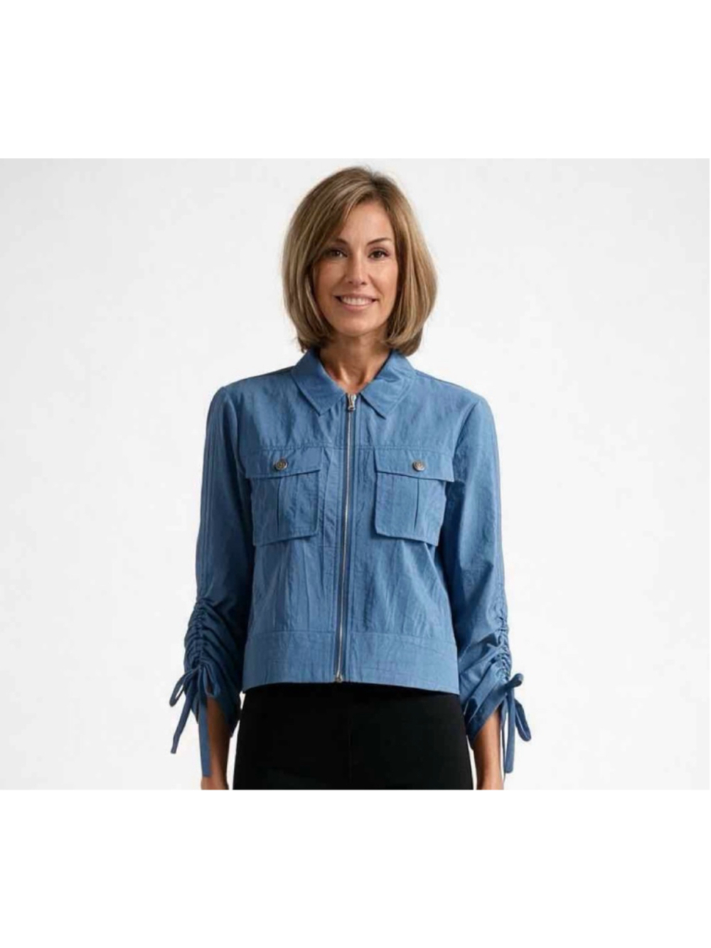 Cinq a Sept Dale Ruched Sleeve Crinkled Nylon Jacket Blue Corn NWT Size 4